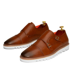 Double Monk Strap Leather Sneaker Cognac